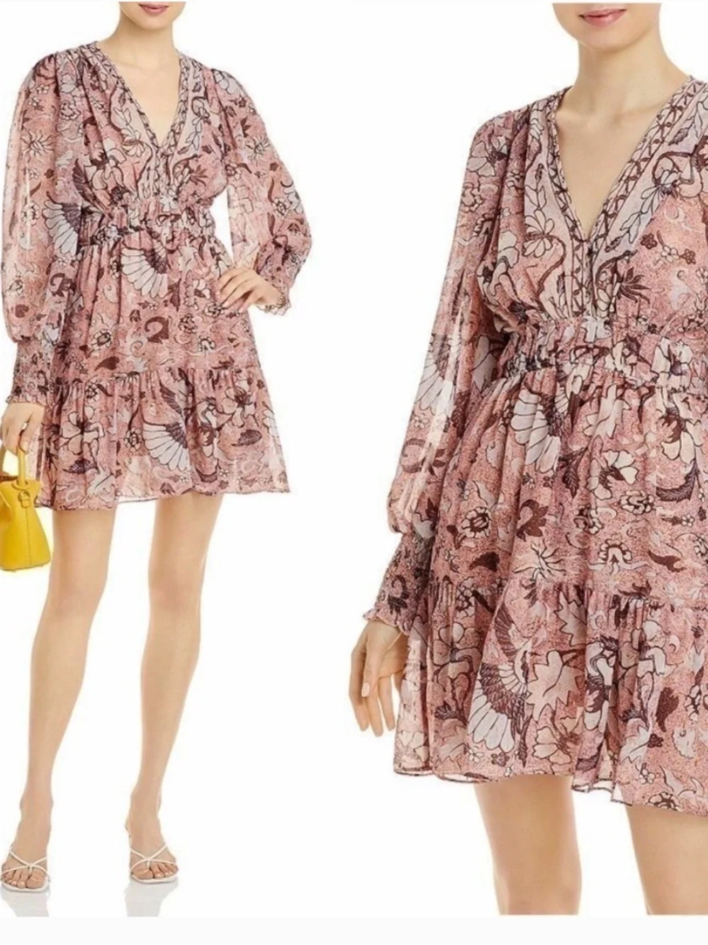 OPT Size L v neck floral boho long smocked sleeve mini dress